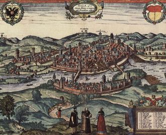 Printed view of city of Schwäbisch Hall, circa 1580